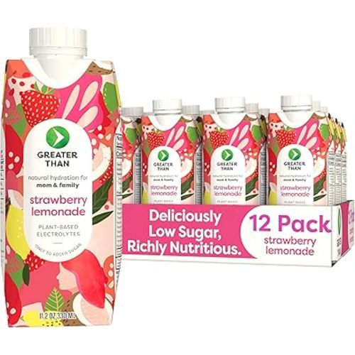 Greater Than Lactation Supplement Support, Coconut Water, Vitamins & Electrolyte Drink for Breastfeeding & Immune Support, Lactation Cookies Alt, Gluten Free, Low Sugar, 12 Pack, Strawberry Lemonade