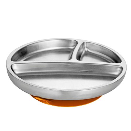 Avanchy Toddler Stainless Steel Silicon Suction Plate - Suction Bowls - Silicon Suction - 9 Months and Older - 8.5" x 2.5" (Orange)