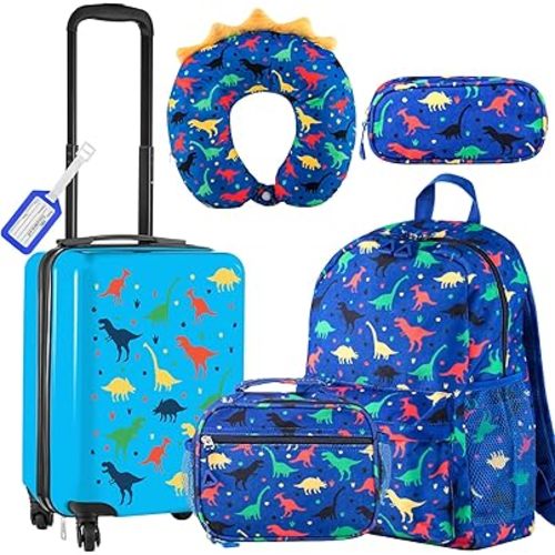 Redbaker 6 Pcs Kids Luggage Set 17 Inch Kids Rolling Luggage Double Pattern Suitcase for Girls Boys Gift(Dark Blue,Dinosaur Style)