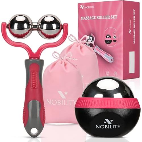 Nobility Massage Ball Roller– Ice Cold and Hot for Deep Tissue and Sore Muscle Relief of Stiffness and Stress, Body, Neck, Back, Foot, Plantar (Grey) (Pink)