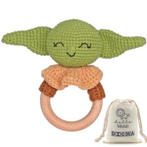 DICHA Crochet Baby Rattle- Beech Wooden Baby Teether-Infant Rattle Sensory Development Wooden Toys Set- Baby Teether for The Baby Child Fans-Baby Rattle for Yoda Fans