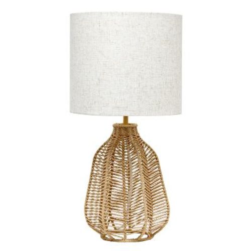 21" Vintage Rattan Wicker Style Paper Rope Bedside Table Lamp With Fabric Shade Light Beige - Lalia Home: Ul Listed, Linen Drum Shade, Metal Base