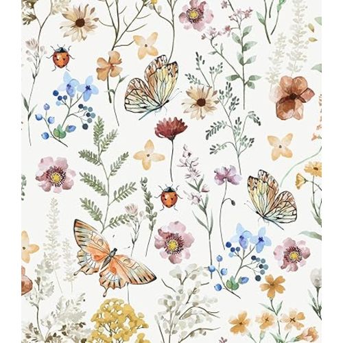 Timeet Floral Wallpaper Peel and Stick Wallpaper Boho Multicolor Flower Wallpaper Self Adhesive Removable Wallpaper for Bathroom Wall Covering Shelf Cabinets Decor 16.14in x 9.8ft Vinyl Roll
