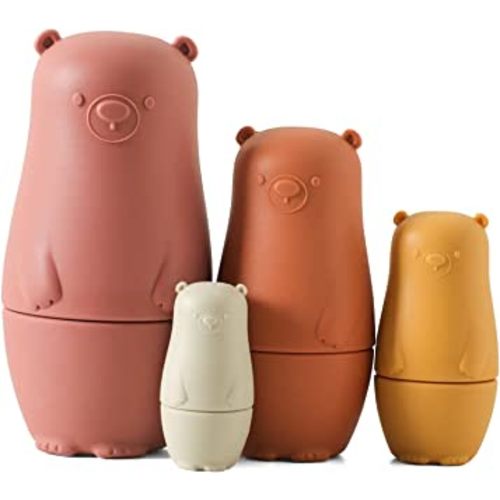 Macabaka 4 Pieces Bear Shaped Nesting Dolls, Silicone Matryoshka Doll Montessori Educational Toy, Classic Stacking Nesting Doll Toys Set for Kids (Red)