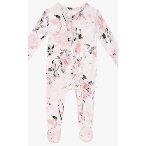 Vintage Pink Rose Footie Ruffled Zippered One Piece Newborn