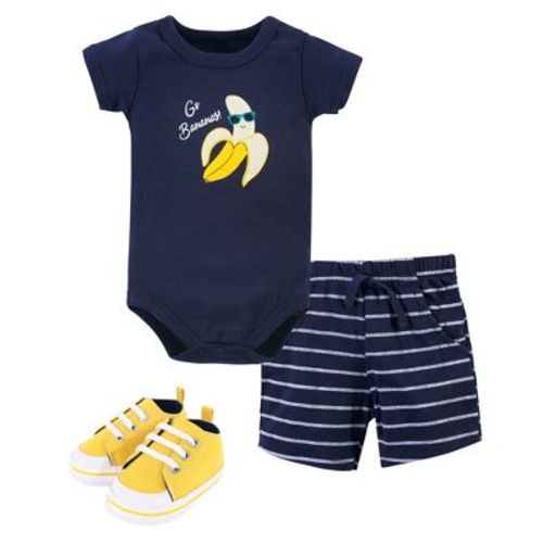Hudson Baby Infant Boy Cotton Bodysuit, Shorts And Shoe 3pc Set, Go Bananas, 0-3 Months