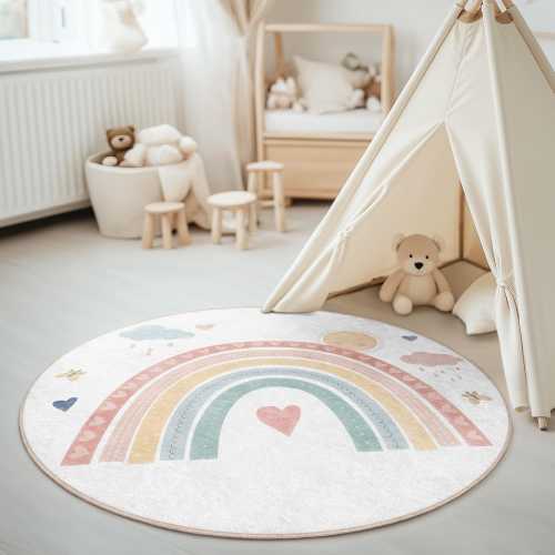 Pastel Rainbow Nursery Rug, Kids Room Round Area Rug, Baby Girl Room Decor, Soft Rainbow Heart Carpet, Playroom Floor Mat