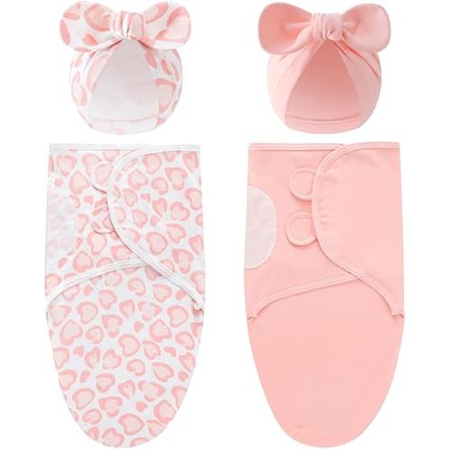 Cinaci 2 Pack Soft Cotton Baby Receiving Swaddle Blankets Wraps Sleep Sacks with Matching Bow Newborn Nursery Bow Hats Caps Beanies Bonnets for Baby Girls Boys Newborns Infants (Multicolor S5)