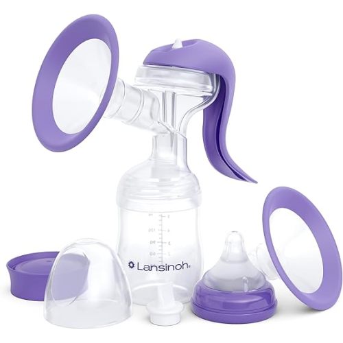 Lansinoh Manual Breast Pump, Hand Pump with Comfortable Flange, Includes 5oz Baby Bottle with Slow Flow Nipple, Breastfeeding Essentials