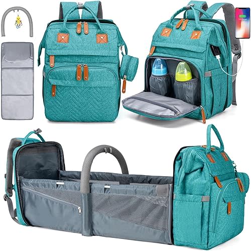 Diaper Bag Backpack, Large Baby Diaper Bags for Boys Girls, Baby Bag with USB Charging Port, Multifunction Waterproof Travel Back Pack for Moms Dads, Lake Blue