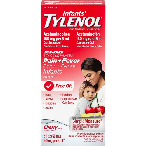 Infants' Tylenol Liquid Medicine with Acetaminophen, Pain Plus Fever Relief, Dye-Free Cherry, 2 fl oz