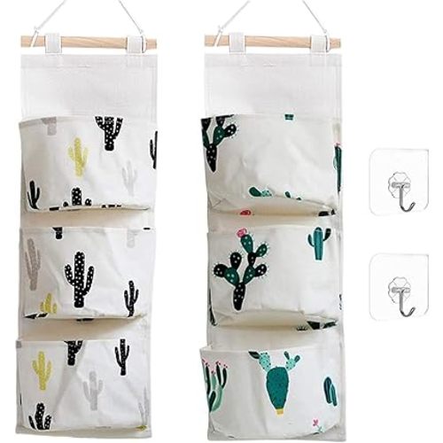 KRLIFCSL Cactus Wall Door Closet Hanging Storage Bag Canvas Fabric 3 Pockets Over The Door Organizer Pouch, 2 Pack (Cactus)
