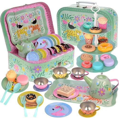 Jewelkeeper 42 Piece Tea Party Set for Little Girls Gift Pretend Kids Toy Tin Tea Set + Food & Carrying Case - Safari Design