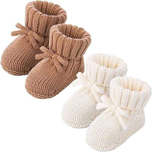 Jeere 2 Pairs Knitted Baby Booties 0-6 Months Crochet Newborn Infant First Walkers Toddler Cozy Shoes Sock Gifts