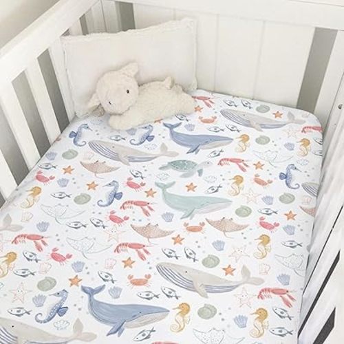 Boho Ocean Animals Baby Crib Sheets for Boys Girls Sea Horse Whale Turtle Crab Fish Soft Stretchy Crib Mattress Fitted Cover for 52''x28'' Standard Crib & Toddler Mattresses Marine Coastal Bed Sheets