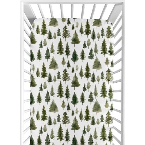 Sweet Jojo Designs Sage Green Woodland Boy Girl Gender Neutral Unisex Baby Fitted Crib Sheet Infant Newborn Nursery Toddler Bed Room Standard Mattress Forest Themed Pine Trees Abstract Watercolor