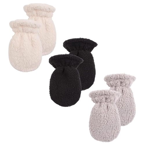 Peecabe Winter Warm Baby Mittens Infant Toddler Fleece Gloves for Boys and Girls Cozy Mittens Set 0-24 Months (White+Black+Light Gray, 0-12 Months)