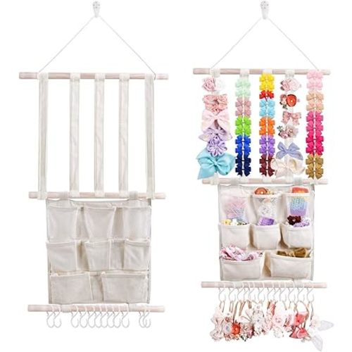 cherrboll Hair Bows Holder Headband Organizer for Girls, Hair Clips Hanger Storage with Hooks, Wall Hanging Decor for Nursery Room