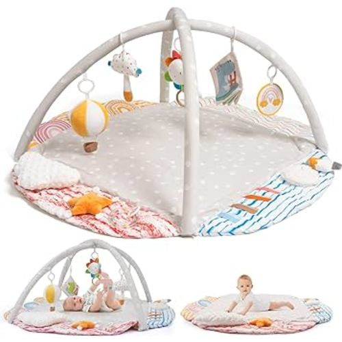 Baby Gym Play Mat, Tummy Time Mat & Pillow, Stage-Based 4 Zone Sensory & Motor Skills Development, Activity Mat with Learning Cards, Washable & Non-Slip, Play Mat for Baby to Toddler, Grey Rainbow