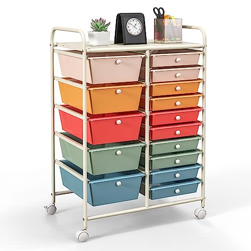 GOFLAME 15-Drawer Rolling Storage Cart, Multipurpose Movable Organizer Cart, Utility Cart for Home, Office, School, Macaron Color