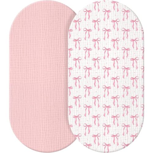 Breling 2 Pack Muslin Pink and Pink Bow Baby Bassinet Sheets for Girl Soft and Breathable Coquette Cradle Bed Sheets Set Fitted Cover for 32'' x 16" Oval Hourglass Mattress Infant Nursery Toddler Room
