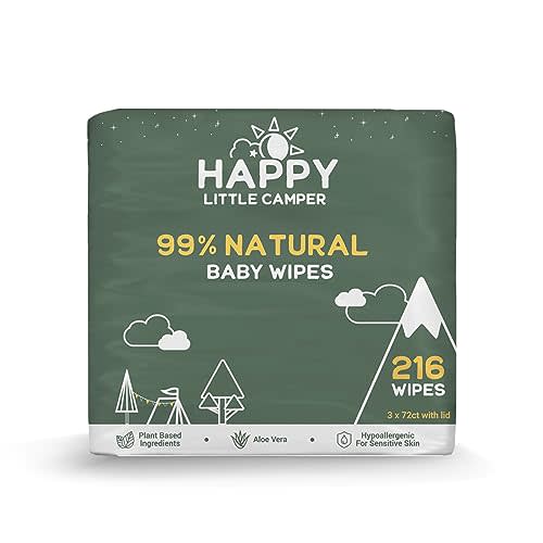 Happy Little Camper Natural Baby Wipes Unscented - Hypoallergenic & Chlorine-Free Wet Wipes with Aloe Vera, Chamomile and Pomegranate Extract - Gentle on Sensitive Skin - 216 Count