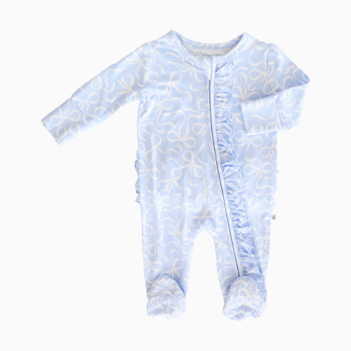 Caden Lane Ruffle Zipper Footie - Blue-Tiful Bows, 3-6 M