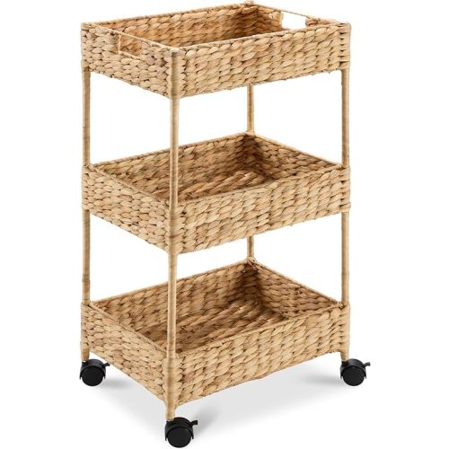 Best Choice Products 3-Tier Water Hyacinth Rolling Nursery Caddy w/Wheels, Utility Cart, Storage Organization for Bathroom, Craft Room, Laundry Room– Natural