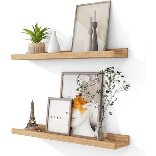 Solid Ash Wood Picture Ledge Shelf, 24 Inch Wood Floating Shelves with Lip Set of 2, Photo Ledge Shelf Nursery Bookshelf Wall Mounted for Living Room Bedroom Decor, Natural