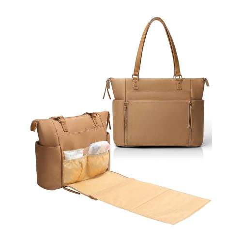 MOMINSIDE Neoprene Diaper Bag Tote, Diaper Bag Backpack pañaleras para bebe with Changing Station,14 Pockets Large Capacity Travel Baby Bag for Mom, Convertible Diaper Tote, Brown
