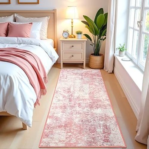 2'x6' Abstract Runner Rugs, Faux Wool Machine Washable Carpet Runner for Kitchen Hallway Bedroom, Soft Floor Covering Carpet Minimalist Interiors, Pink
