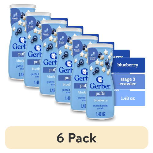 (6 pack) Gerber Snacks for Baby Grain & Grow Puffs, Blueberry, 1.48 oz Canister