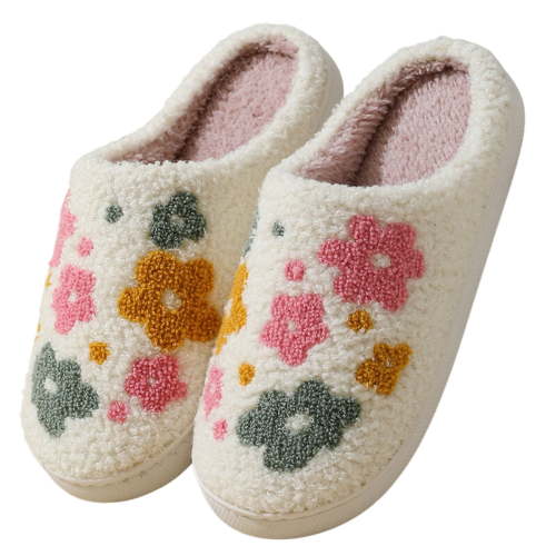 BERANMEY Cute Cartoon Flower Slippers for Women Soft Plush Comfy Warm Slip-On Couple Slippers fo Women Indoor Fluffy House Slippers for Women and Men Non-slip Fuzzy Flat Slides