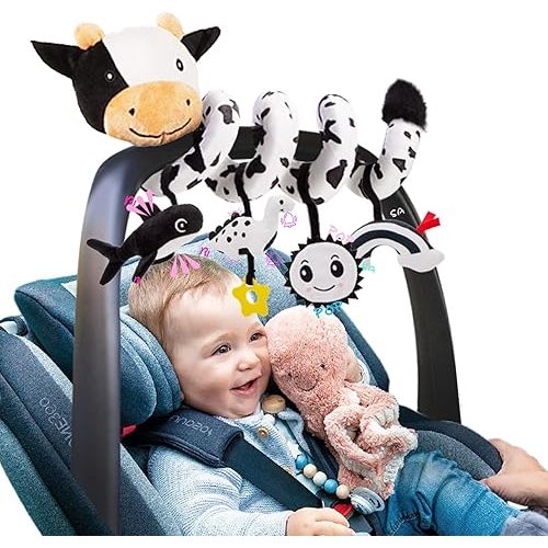 Spiral Car Seat Baby Toys 0-6 Months, Infant Carseat Sensory Toys Hanging Stroller Accessories, Newborn Gifts for Baby Boys Girls Essentials, Cute High Contrast Cow