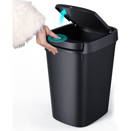 CEROELDA Small Bathroom Trash Can with Lid, 10L/2.6 Gal Slim Garbage Can with Press Top Lid, Plastic Wastebasket with Pop-up Lid for Toilet, Office, Bedroom (Black, 1 Pack)
