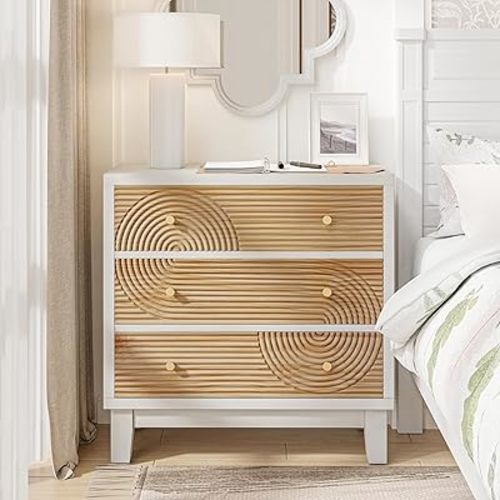 3-Drawer White Farmhouse Dresser with Handicraft Wood Ring Motif, Fully Assembled Nightstand Wooden Finish for Boho, Mid-Century, Natural Wood, Rustic Style