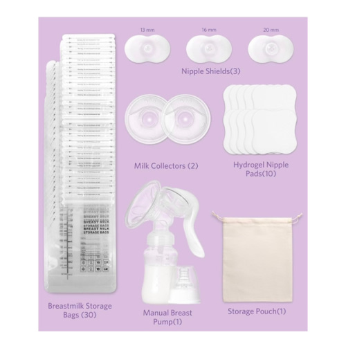Breastfeeding Essentials Kit for Nursing Moms - Manual Breast Pump, Nipple Shields, Milk Collectors, Breastmilk Storage Bags, Soothing Gel Pads for Breastfeeding Newborn Relief for Sore Nipples 37 Pcs