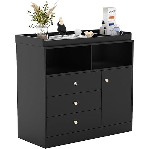 Nursery Dresser with Changing Table Top - Tall Wooden Diaper Changing Station with 2 Open Shelves, 3 Drawers, and 1 Cabinet, Ideal for Children's Room, Black