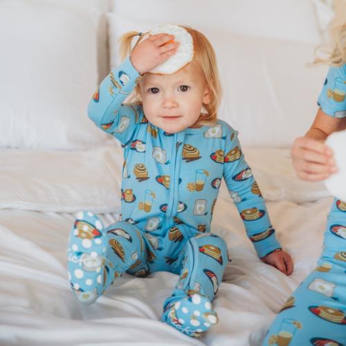 Print Footie with 2 Way Zipper in Seaside Blue Breakfast in Bed
