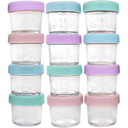 WeeSprout Baby Food Storage Glass Jars w/Lids (4 oz, 12 Pack) Pastel Variety, Snack, Reusable Small Containers, Fridge or Freezer, Microwave & Dishwasher Safe, Essentials for Infants