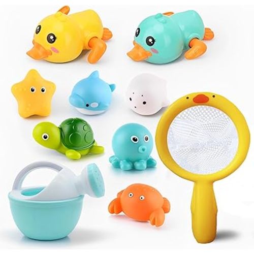 Bath Toys for Babies 6-12 Months+, Wind-up Ducks Bath Toys for Kids Ages 1-3, No Hole Ocean Animal Floating Pool Toys, Watering Can Fishing Net Water Toys for Toddlers
