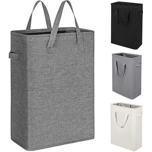 ZERO JET LAG Slim Laundry Hamper With Handles Collapsible Laundry Basket Thin Dirty Clothes Basket Narrow Laundry Bag Foldable Dirty Cloth Hamper 45L (21 inches,Dark Grey)