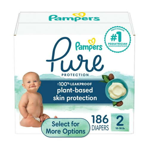 Pampers Pure Protection Diapers Size 2, 186 Count - Hypoallergenic, Shea Butter Enriched, 12 Hour Leakage Protection