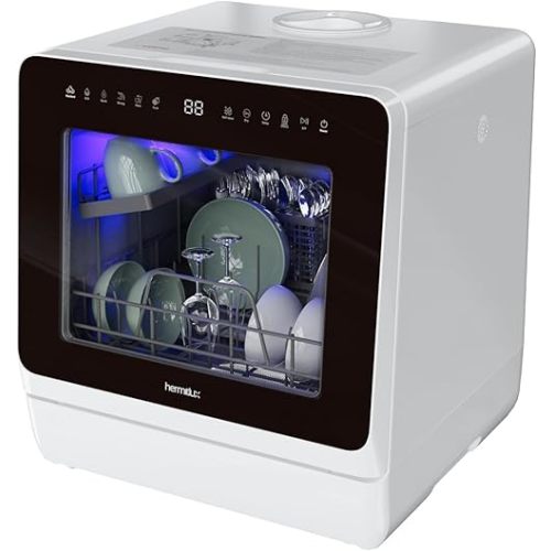Hermitlux Countertop Dishwasher, 7 Washing Programs Portable Mini Dishwasher with 5-Liter Built-in Water Tank for Apartments & RVs, LED Light, Glass Door, No Hookup Needed