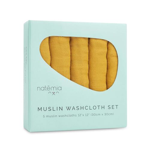 Natemia Muslin Baby Washcloths for Newborn - Premium Wash Cloths for Babies, Super Absorbent and Ultra Soft Rayon Made from Bamboo, 6 Layer Baby Girl and Baby Boy Washcloths, 5 Piece Set