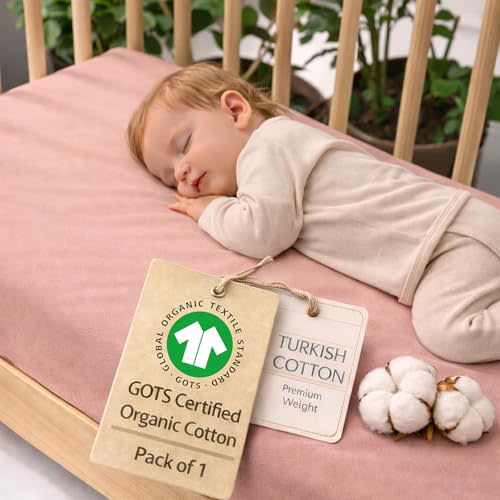 1 Pack GOTS Organic Mini Crib Sheets Fitted - 38x26 Pack N Play Sheets for Pack and Play Mattress, Premium Weight Turkish Cotton Neutral Toddler Playard Bedding, Mini Baby Cover Boy, Girl