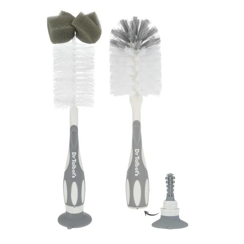 Dr. Talbot’s Bottle and Nipple Brush, Soft Nylon Bristles, Sponge Top, Handle with Suction Base, 2 Pack, Gray