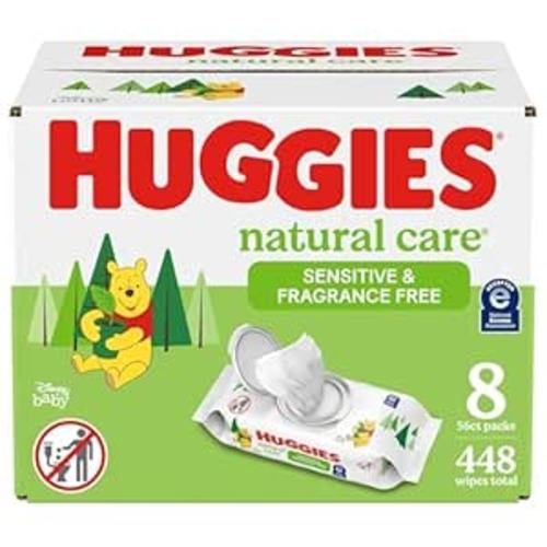 Huggies Natural Care Sensitive Baby Wipes, Unscented, Hypoallergenic, 99% Purified Water, 8 Flip-Top Packs (448 Wipes Total) - 56 Count (Pack of 8)