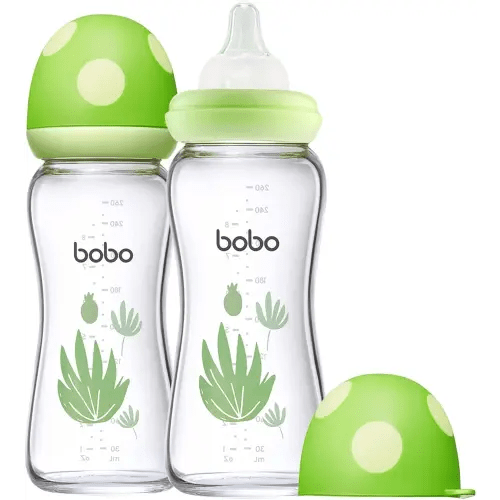 YOHKOH Natural Glass Baby Bottle with Natural Response Nipple, Newborn Anti-Colic Baby Bottles, Wide Neck Mushroom Cap Baby Bottle, Clear (Green, (8.8oz (Pack of 2))