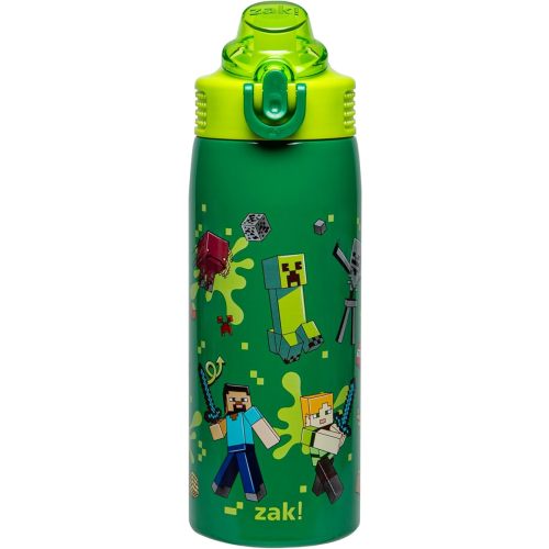 Zak Designs Minecraft Sage Kids Water Bottle For School or Travel, 19oz Stainless Steel Water Bottle With Straw, Handle, and Leak-Proof, Pop-Up Spout Cover (Steve, Alex, Mobs)